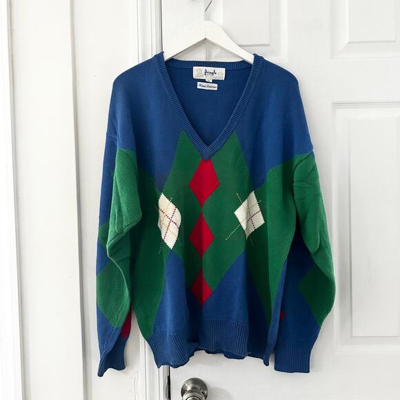 Pringle Scotland Hand Intarsia Cotton Vintage Blue Red Green Argyle Sweater XL - Picture 7 of 10